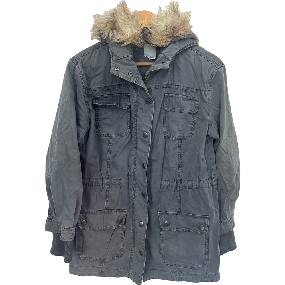 Halogen Charcoal Gray Faux Fur Hooded Utility Jacket Small Winter Fall Jacket